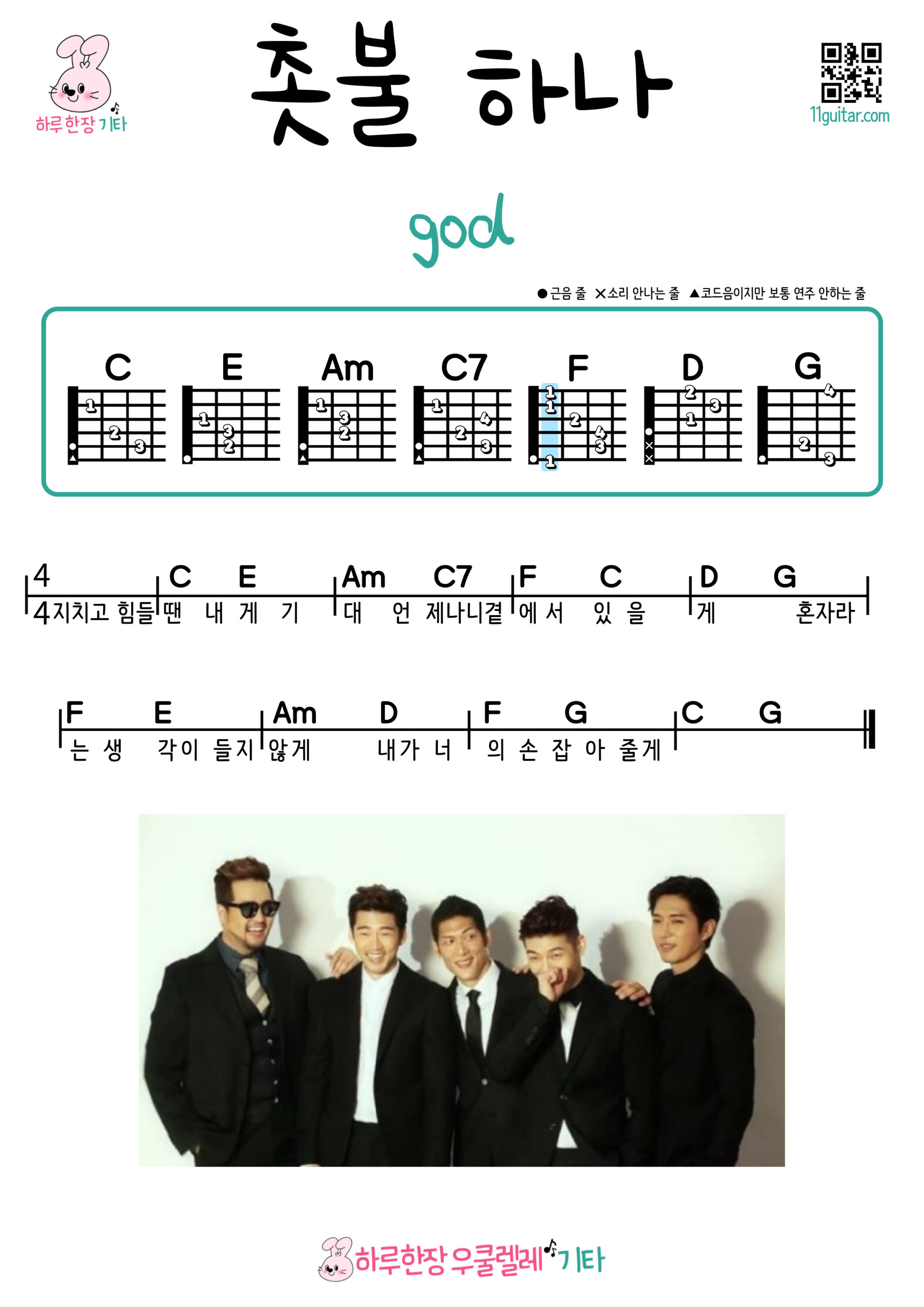 촛불 하나(god) One Candle(지오디) 기타 코드 악보 초보 쉬운곡 Easy guitar Chords for Beginners – Free Sheet Music
