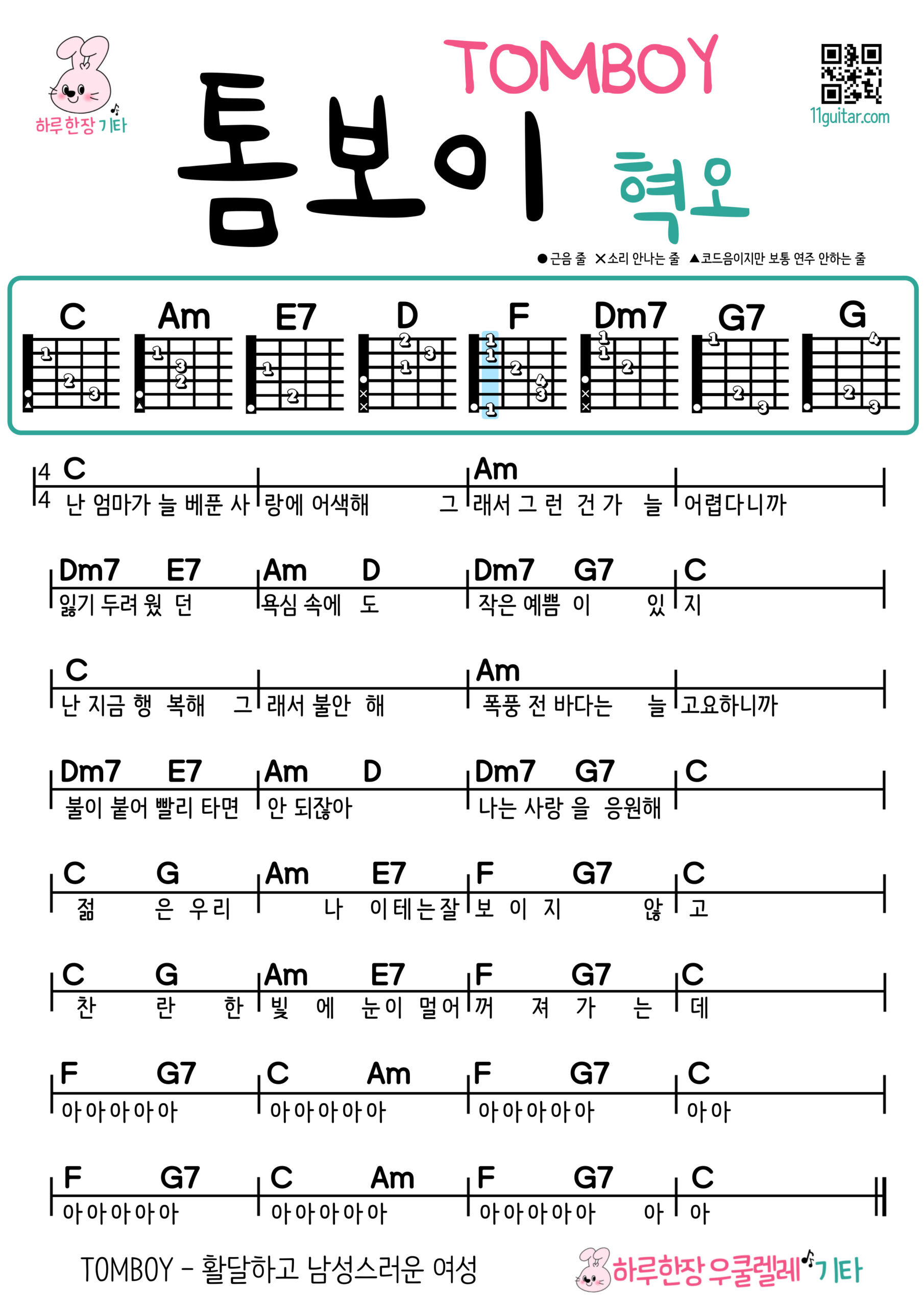 TOMBOY(혁오) 톰보이_우쿨렐레 쉬운 코드 악보 TOMBOY by HYUKOH Easy Ukulele Chord Sheet