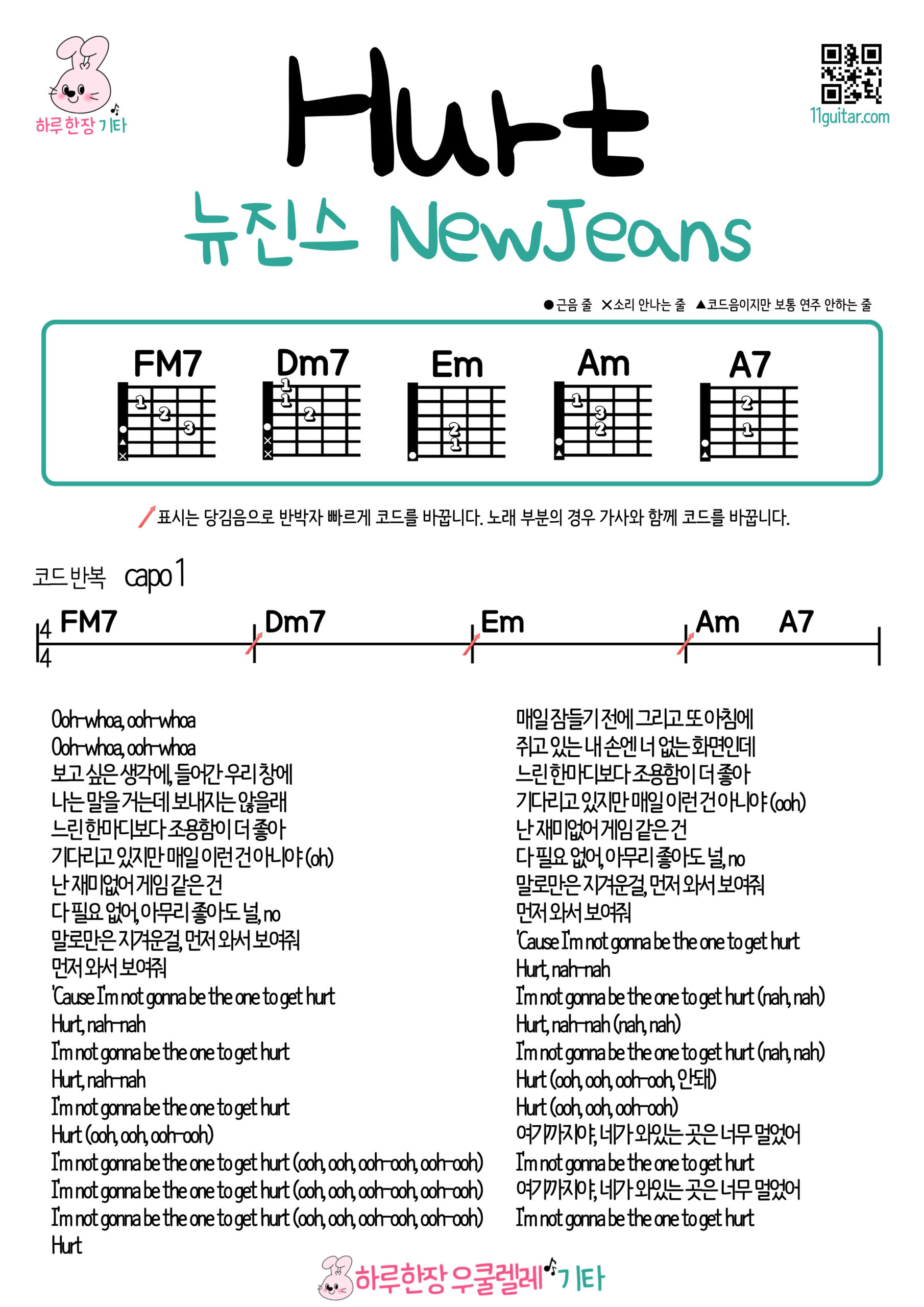 Hurt(뉴진스) 우쿨렐레 쉬운곡 초보 코드 악보 허트(NewJeans) Ukulele Easy Song Beginner Chords Sheet Music