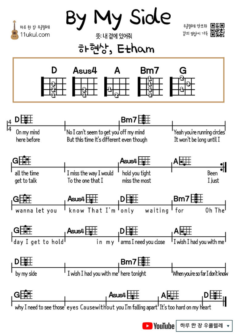 By My Side(Ha Hyun-sang, Etham) 바이 마이 사이드(하현상, 에덤) 우쿨렐레 쉬운 코드 악보 Ukulele easy chord sheet music