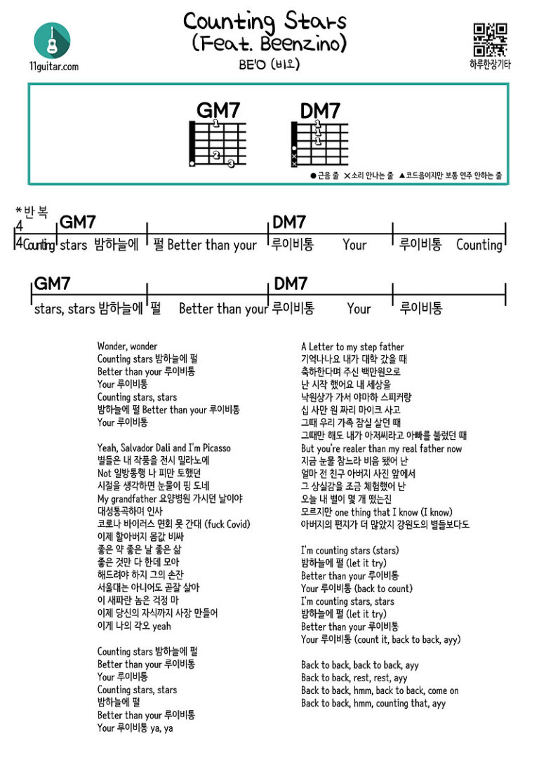 Counting Stars(Feat. Beenzino)(BE’O) 카운팅스타(feat.빈지노)(비오) 기타 쉬운 코드 악보