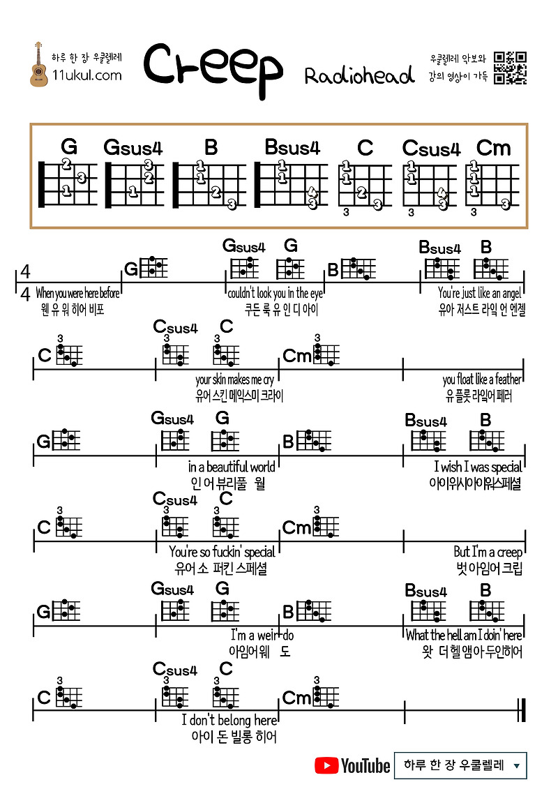 Creep(Radiohead) 크립(라디오헤드) 우쿨렐레 쉬운 코드 악보 Ukulele easy chord sheet music