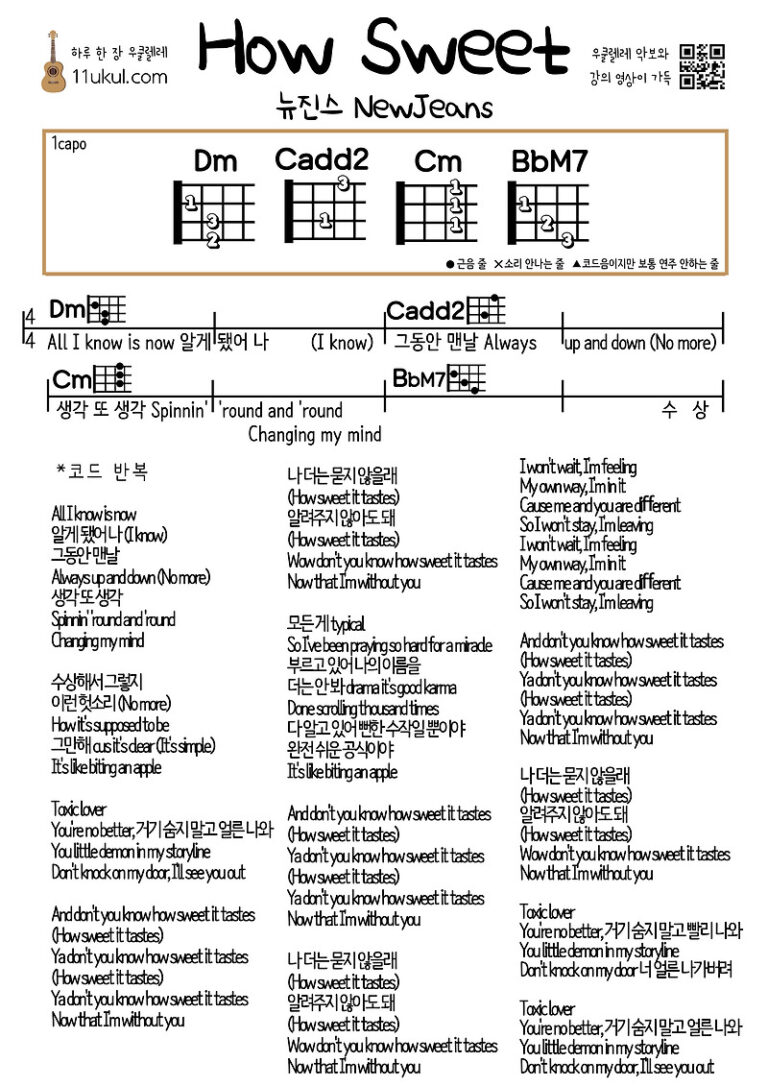 How Sweet(NewJeans) 하우스윗(뉴진스) 우쿨렐레 쉬운 코드 악보 guitar easy chords sheet music