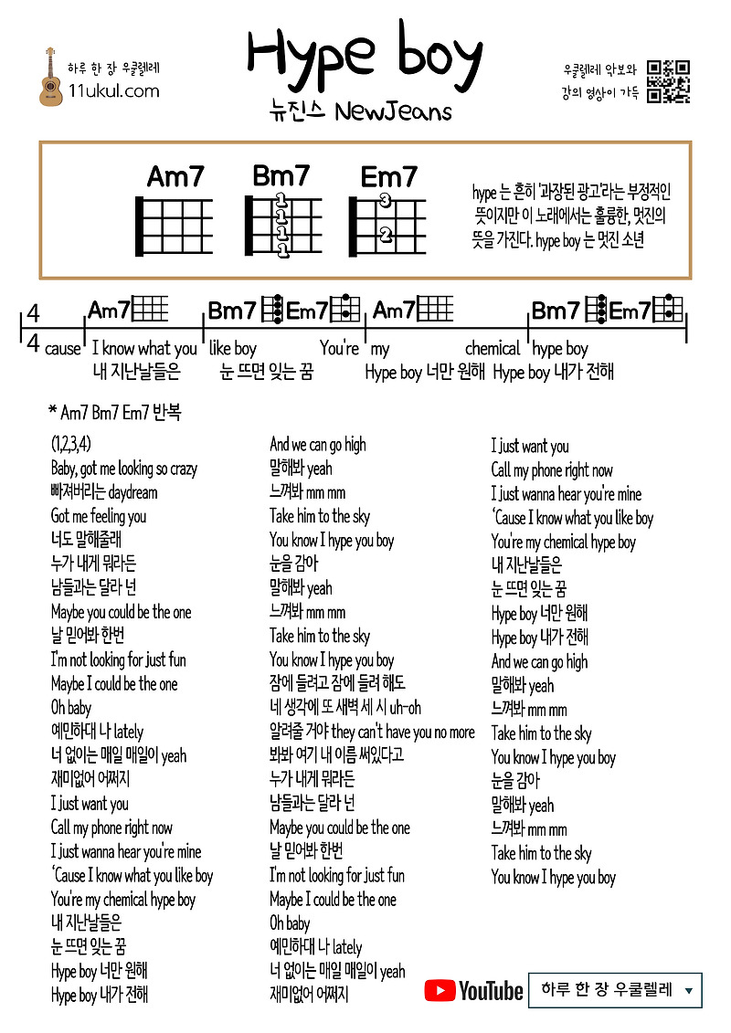 Hype boy(NewJeans) 하입보이(뉴진스) 우쿨렐레 쉬운 코드 악보 Ukulele easy chord sheet music