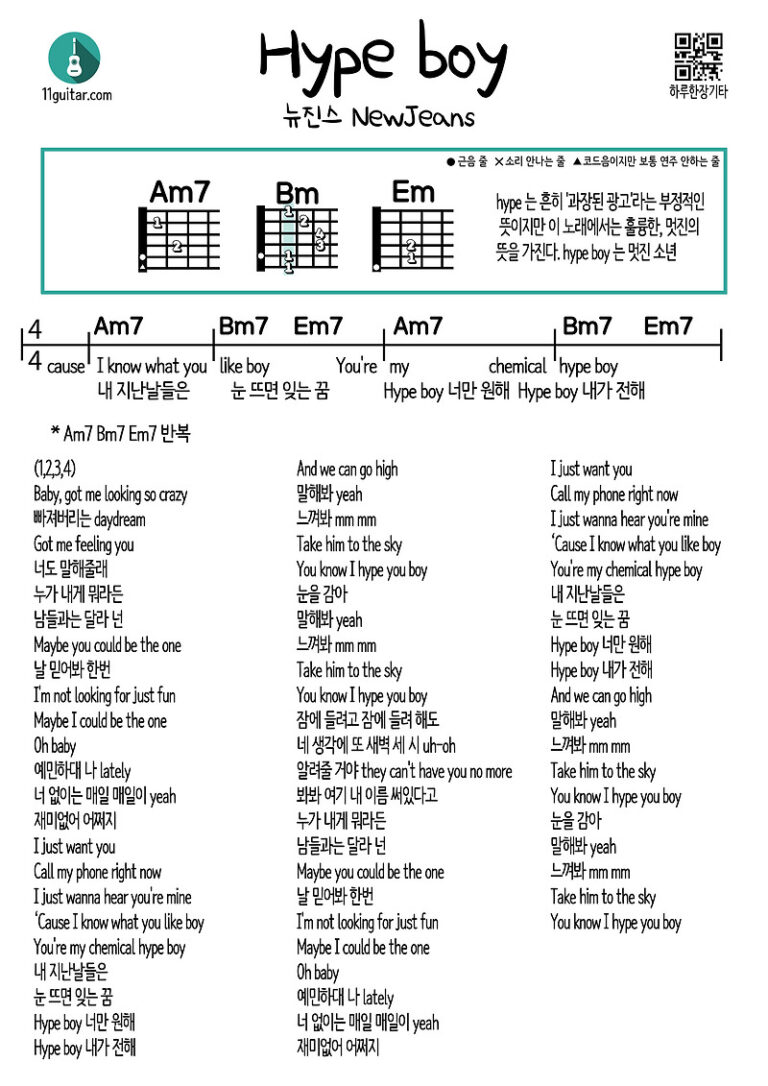 Hype boy(NewJeans) 하입보이(뉴진스) 쉬운 기타 코드 악보 Easy guitar chord sheet music