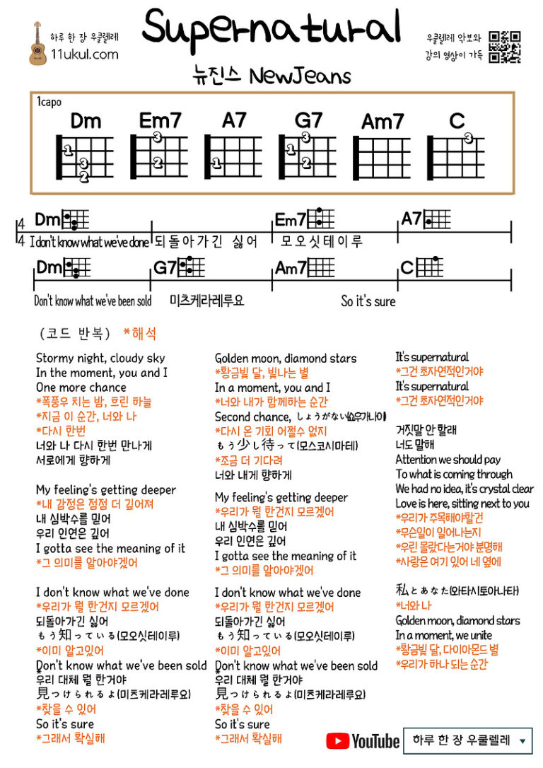Supernatural(NewJeans) 슈퍼내츄럴(뉴진스) 우쿨렐레 쉬운 코드 악보 가사 해석 Ukulele easy chords sheet music