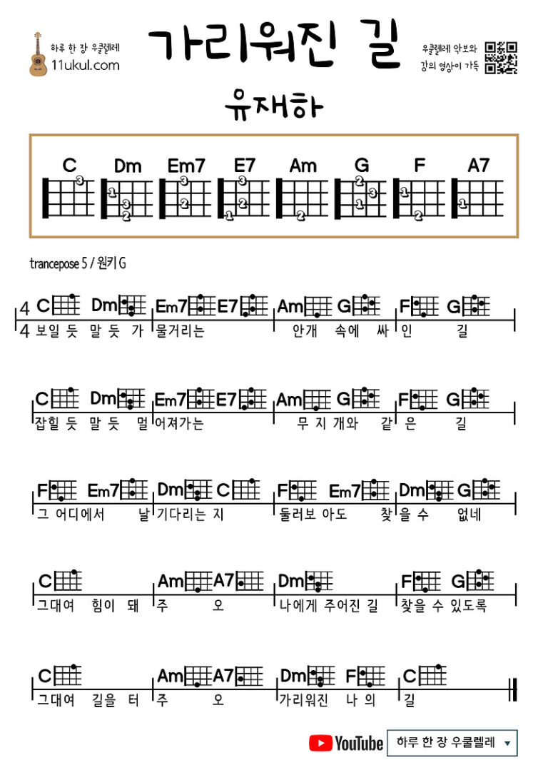 가리워진 길(유재하) 우쿨렐레 쉬운 코드 악보 Hidden Path (Jaeha Yoo) Ukulele Easy Chord Sheet Music
