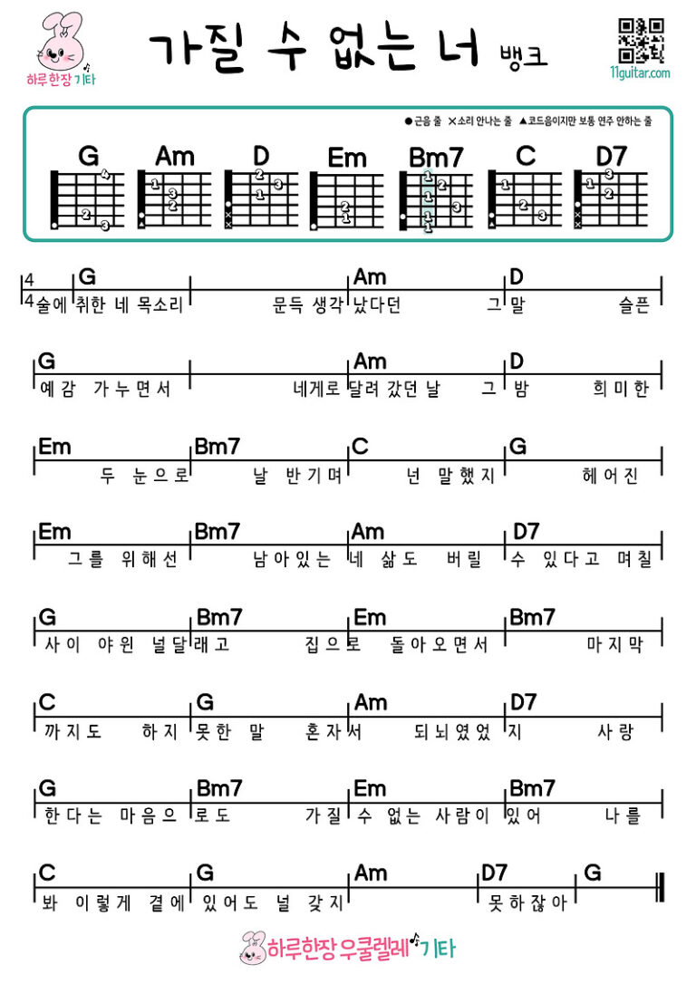 가질 수 없는 너(뱅크) 기타 쉬운곡 초보 코드 악보 Can’t Have You (Bank) Guitar Easy Song Beginner Chord Sheet Music