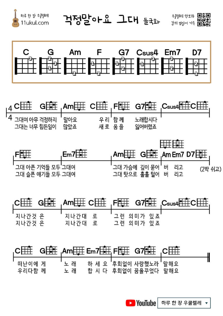 걱정말아요 그대(들국화) 우쿨렐레 쉬운 코드 악보