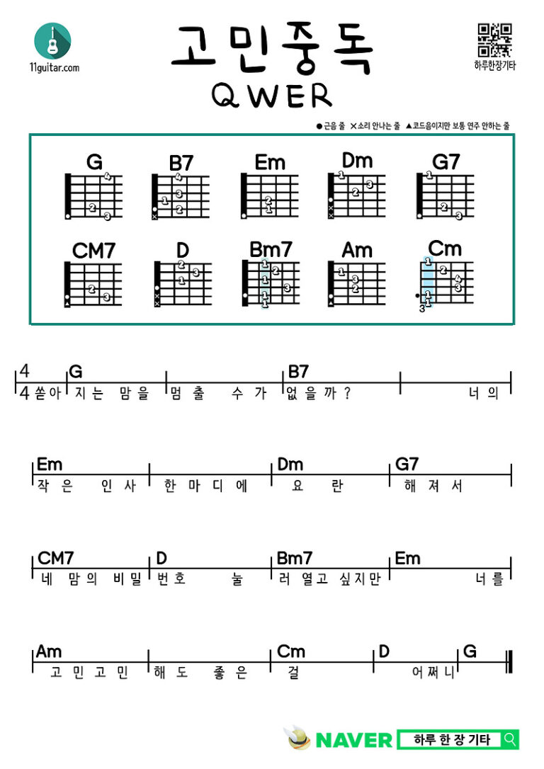 고민중독(QWER) 기타 쉬운 코드 악보 T.B.H(큐더블유이알) guitar easy chords sheet music