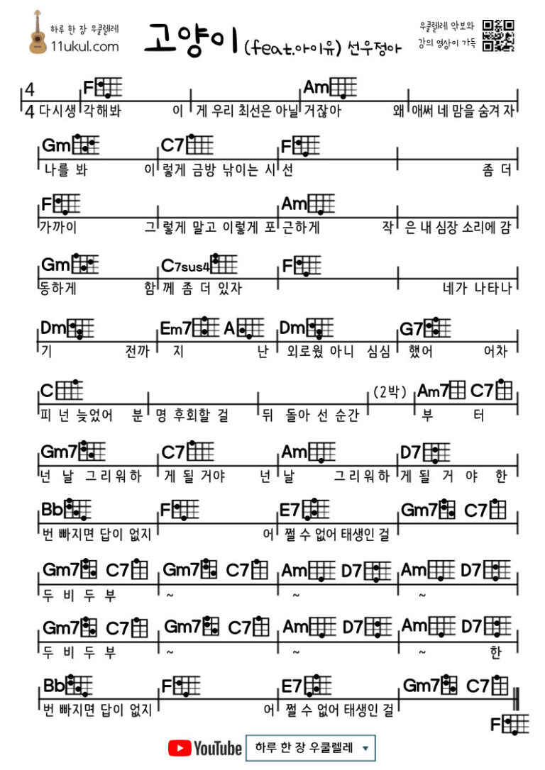 고양이(feat.아이유) 선우정아 우쿨렐레 쉬운 코드 악보 Cat (feat. IU) Sunwoo Jung-ah Ukulele Easy Chord Sheet Music