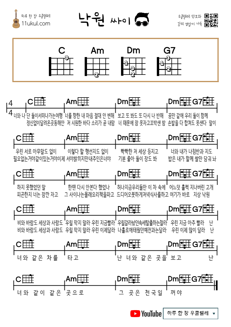 낙원(싸이) 우쿨렐레 쉬운 코드 악보