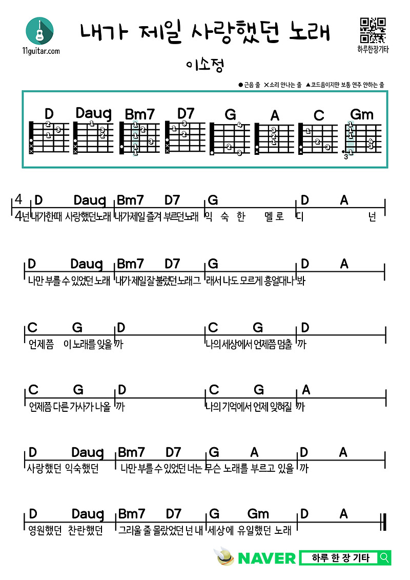 내가 제일 사랑했던 노래(이소정) 기타 쉬운 코드 악보 The song I loved the most (Lee So-jung) Guitar Easy chord sheet music