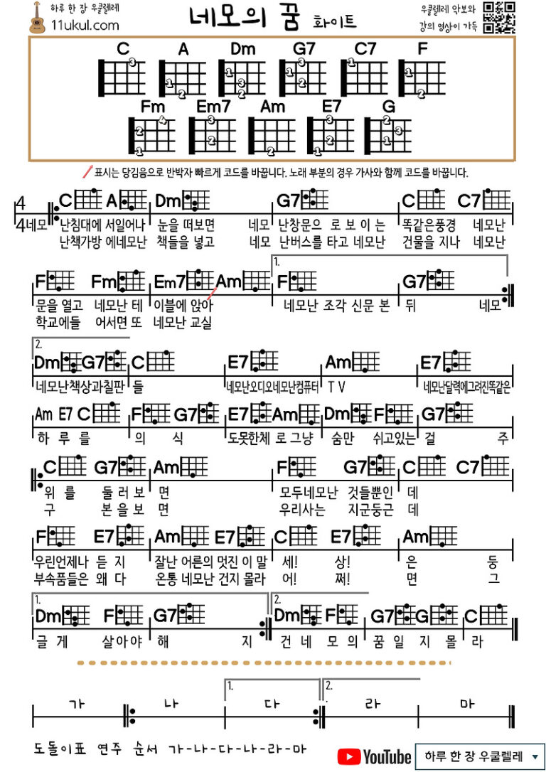 네모의 꿈(화이트) 우쿨렐레 쉬운 코드 악보