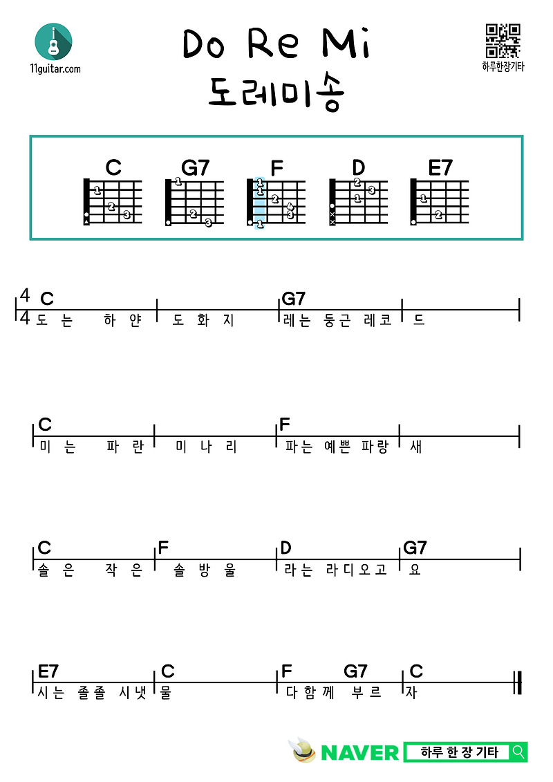 도레미송(동요) 기타 쉬운 코드 악보 Do-Re-Mi (Children’s Song) Guitar Easy Chord Sheet Music