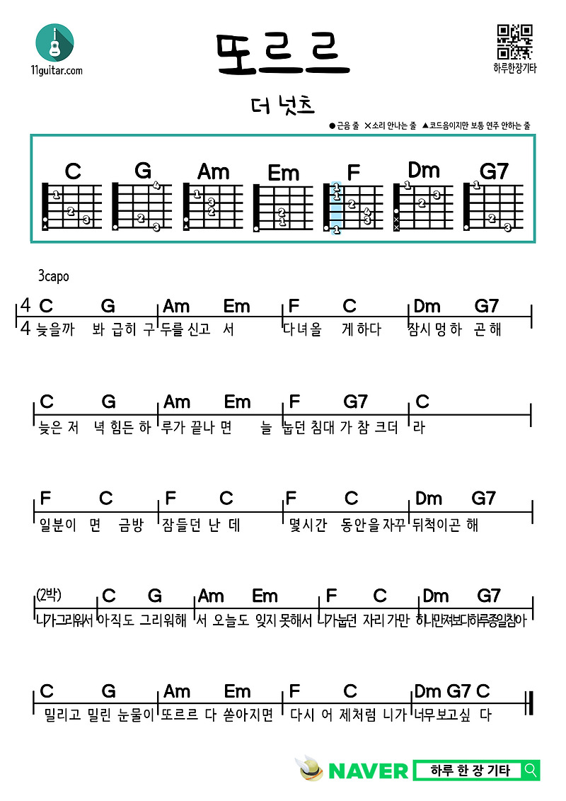 또르르(더 넛츠) 기타 쉬운 코드 악보 Torr (The Nuts) Guitar Easy chord sheet music