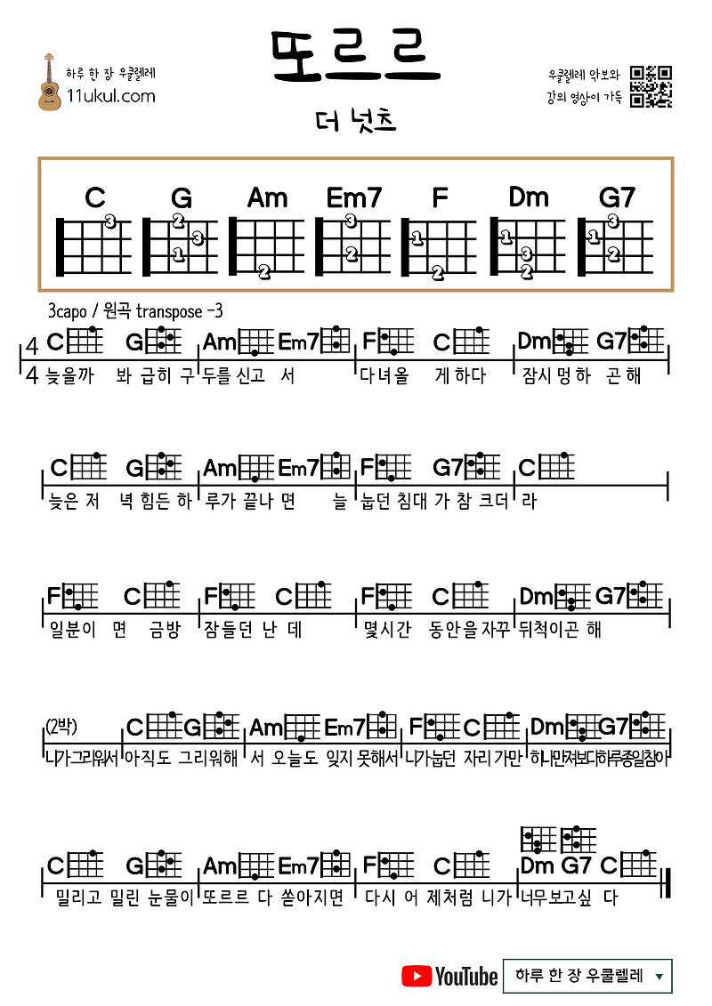 또르르(더 넛츠) 우쿨렐레 쉬운 코드 악보 Torr (The Nuts) Ukulele Easy chord sheet music