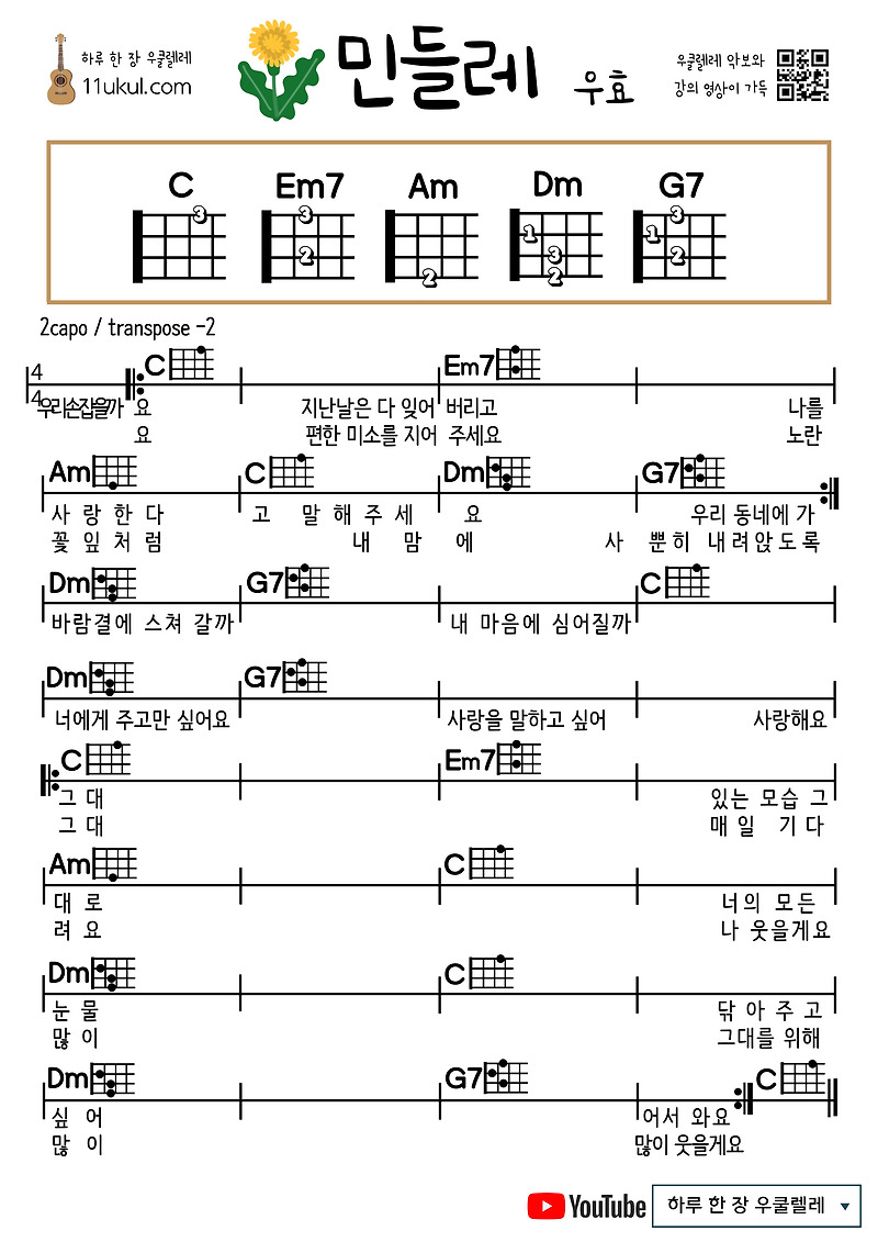 민들레(우효) 우쿨렐레 쉬운 코드 악보 Dandelion (Woohyo) Ukulele Easy Chord Sheet Music