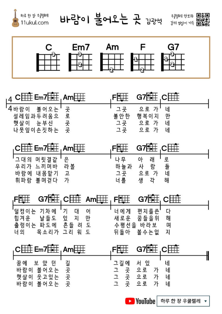 바람이 불어오는 곳(김광석) 우쿨렐레 쉬운 코드 악보 (연주 영상) Where the Wind Blows (Kim Kwang-seok) Ukulele Easy Chord Sheet Music (Performance Video)