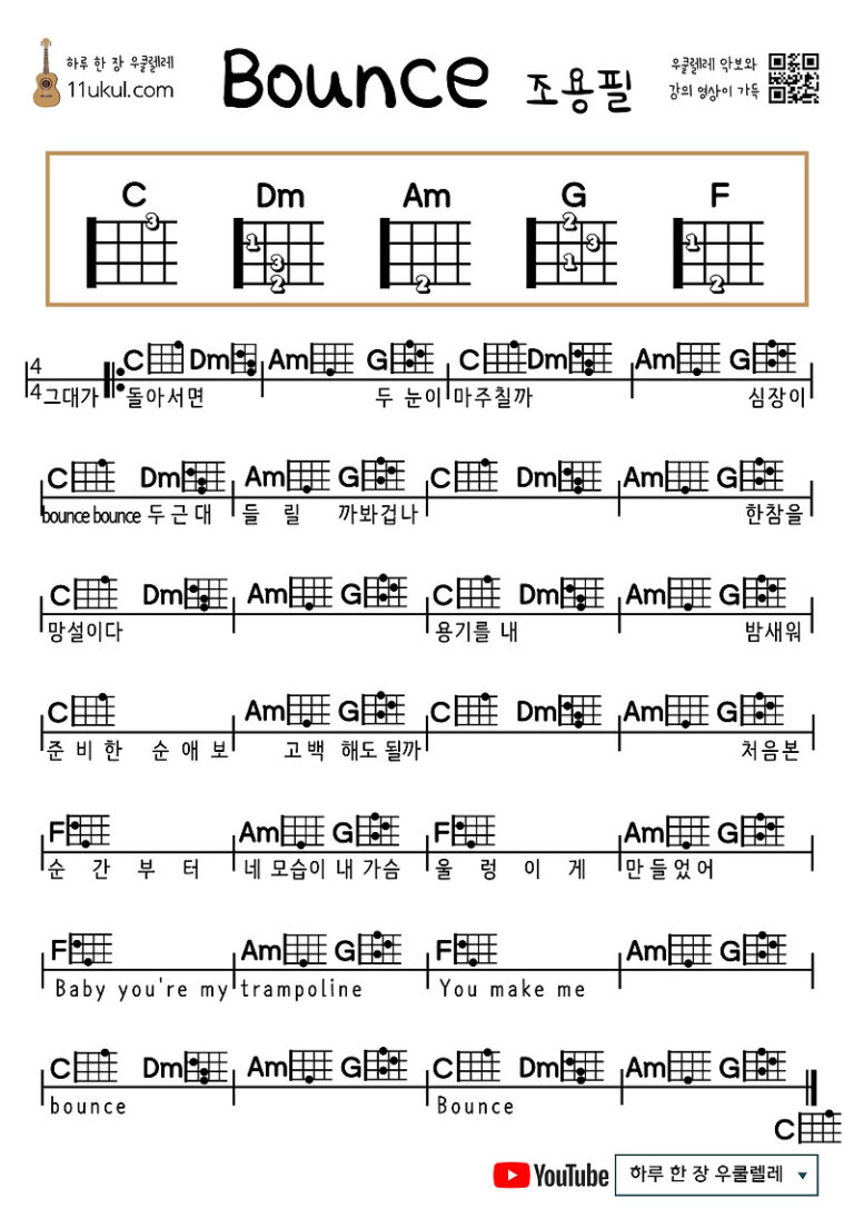 바운스(조용필) 우쿨렐레 쉬운 코드 악보 Bounce(Cho Yong-pil) Ukulele Easy Chord Sheet Music