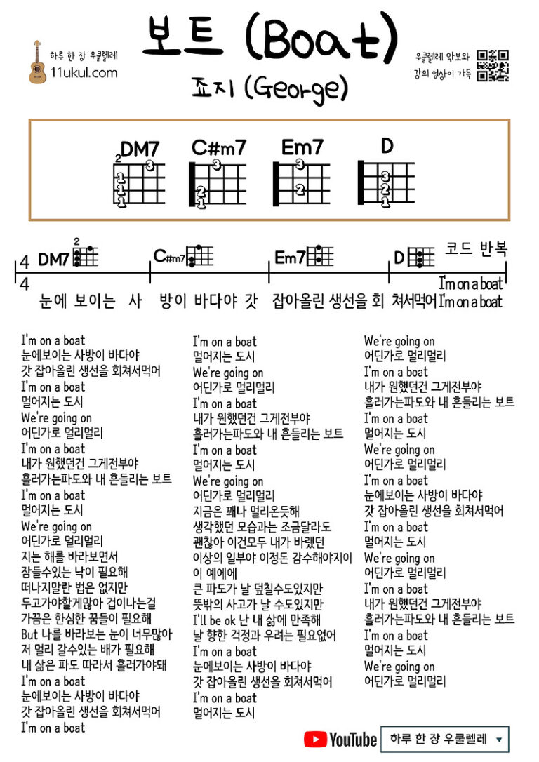 보트(죠지) Boat(George) 우쿨렐레 쉬운 코드 악보 Ukulele easy chord sheet music
