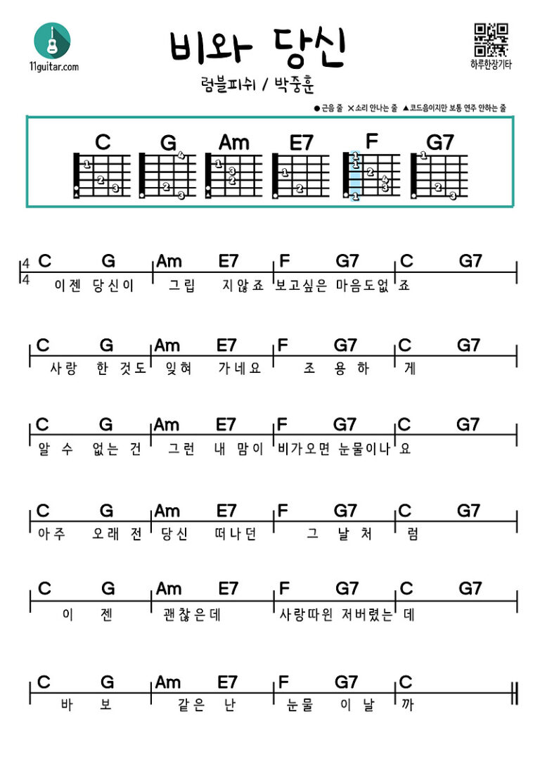 비와 당신(럼블피쉬,박중훈) 기타 쉬운 코드 악보