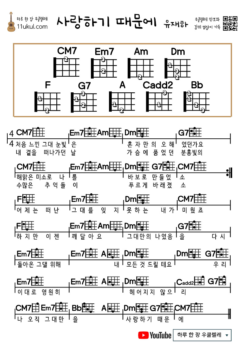 사랑하기 때문에(유재하) 우쿨렐레 쉬운 코드 악보