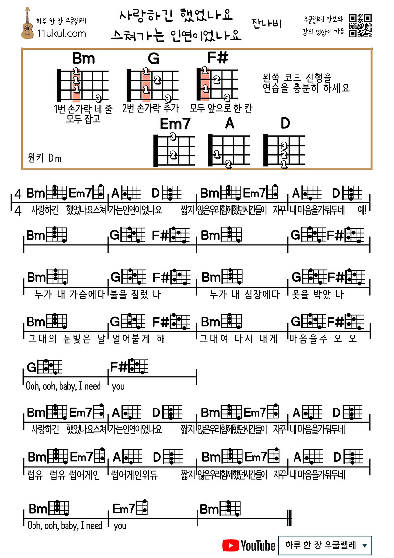 사랑하긴 했었나요 스쳐가는 인연이었나요(잔나비) 우쿨렐레 쉬운 코드 악보