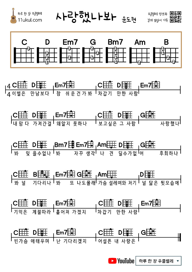 사랑했나봐(윤도현) 우쿨렐레 쉬운 코드 악보