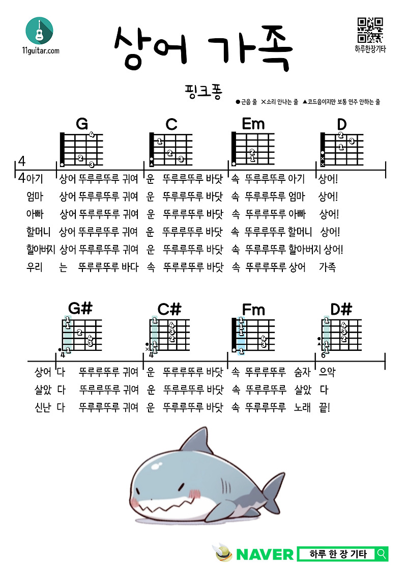 상어 가족(핑크퐁) 기타 쉬운 코드 악보 Baby Shark Guitar Easy Chord Sheet Music