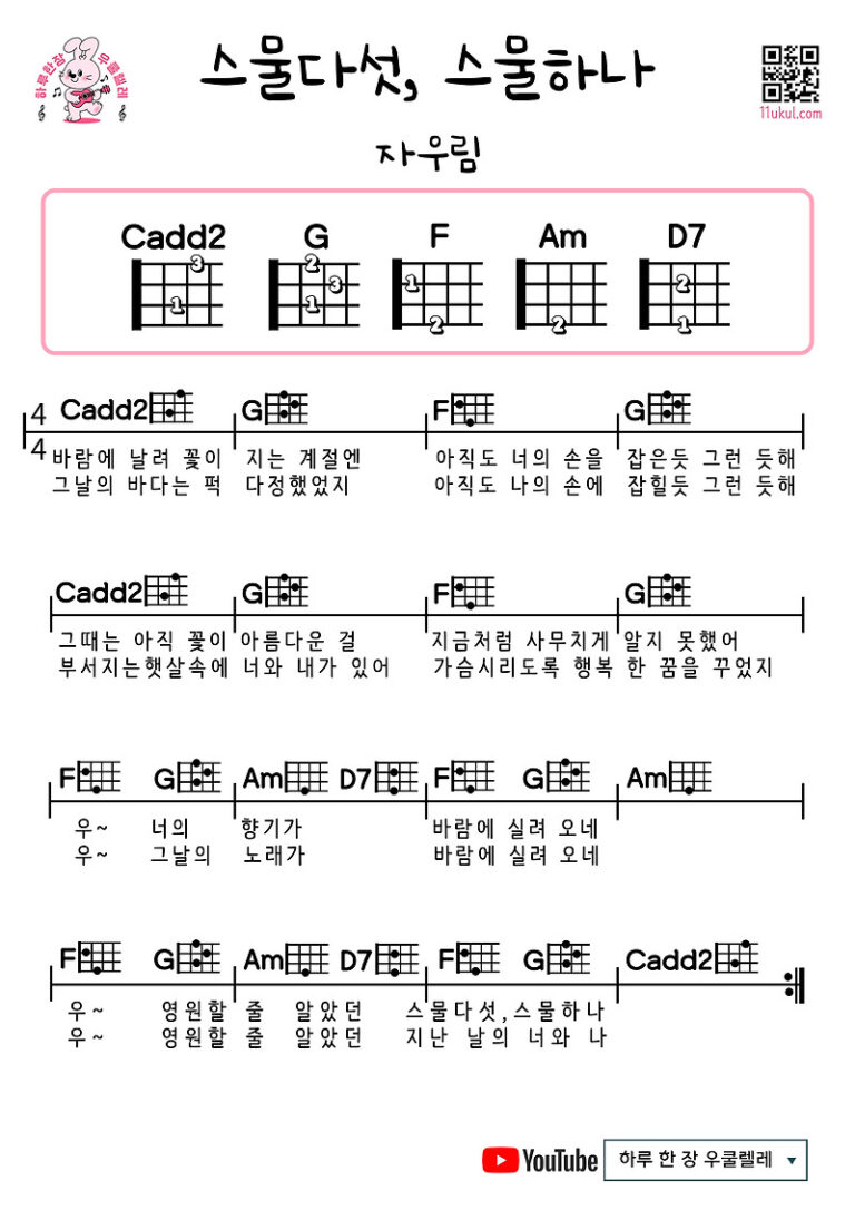 스물다섯, 스물하나(자우림) 우쿨렐레 쉬운곡 초보 코드 악보