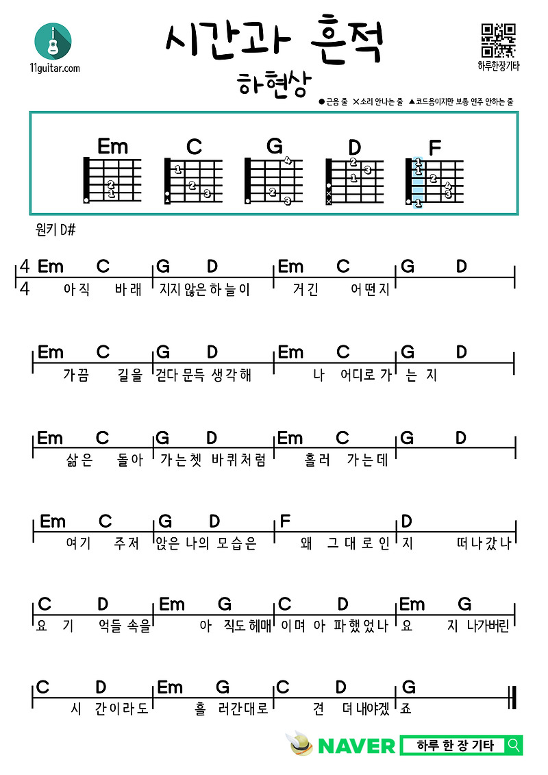 시간과 흔적(하현상) 기타 쉬운 코드 악보 Time and trace (Ha Hyun Sang) Guitar Easy chord score