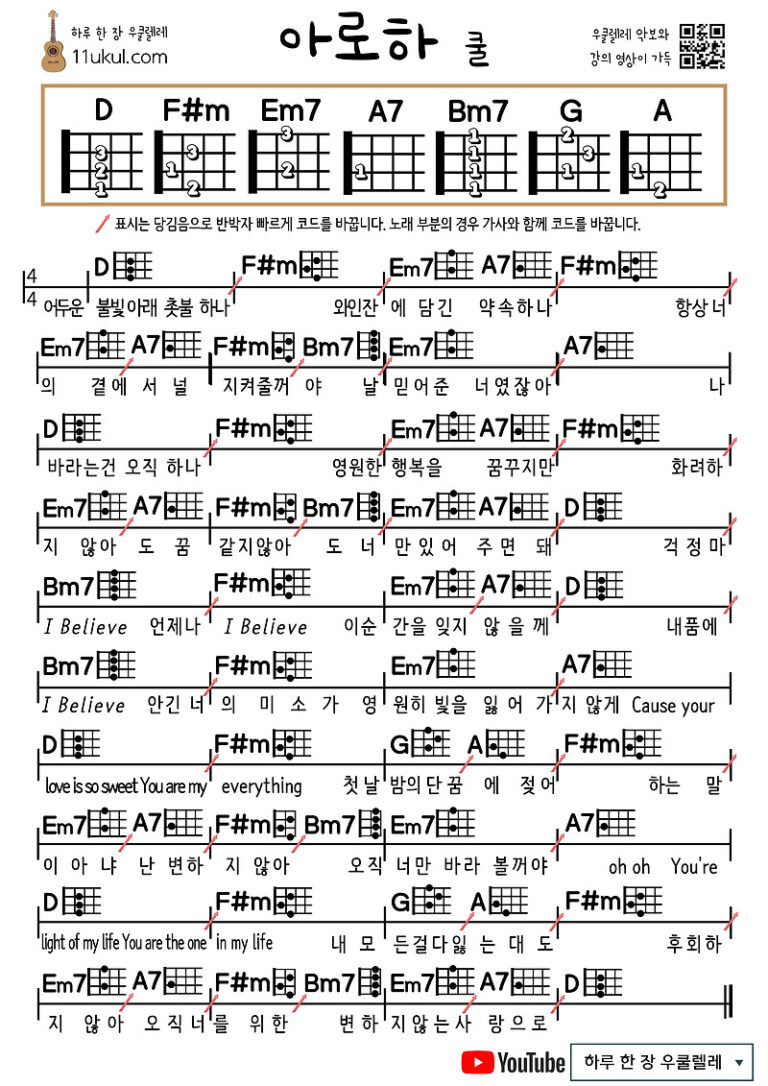 아로하(쿨)_D코드 우쿨렐레 쉬운 코드 악보