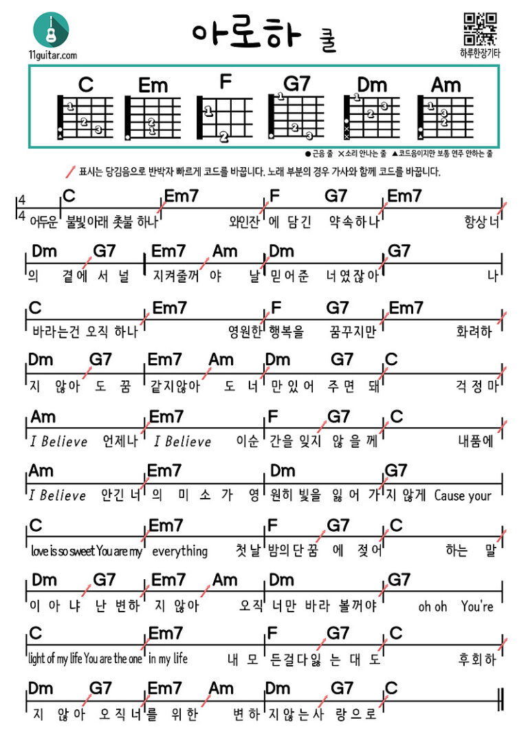 아로하(쿨)(C코드) 기타 쉬운 코드 악보