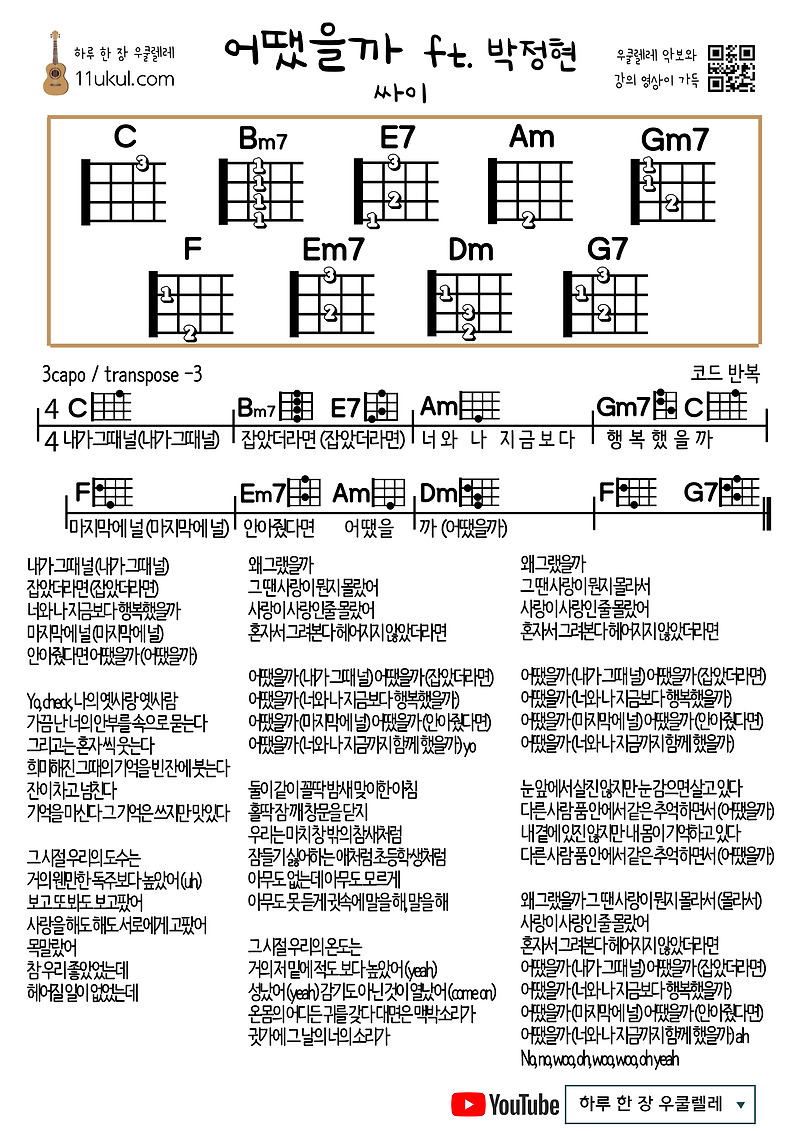 어땠을까(ft.박정현) (싸이) What Would Have Been (PSY) 우쿨렐레 쉬운 코드 악보 Ukulele Easy Chord Sheet Music