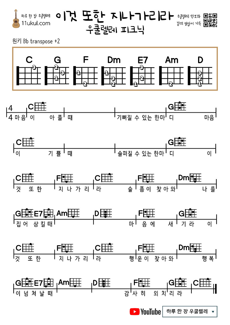 이것 또한 지나가리라(우쿨렐레 피크닉) 쉬운 우쿨렐레 코드 악보 This too shall pass (ukulele picnic) Easy ukulele chord sheet music