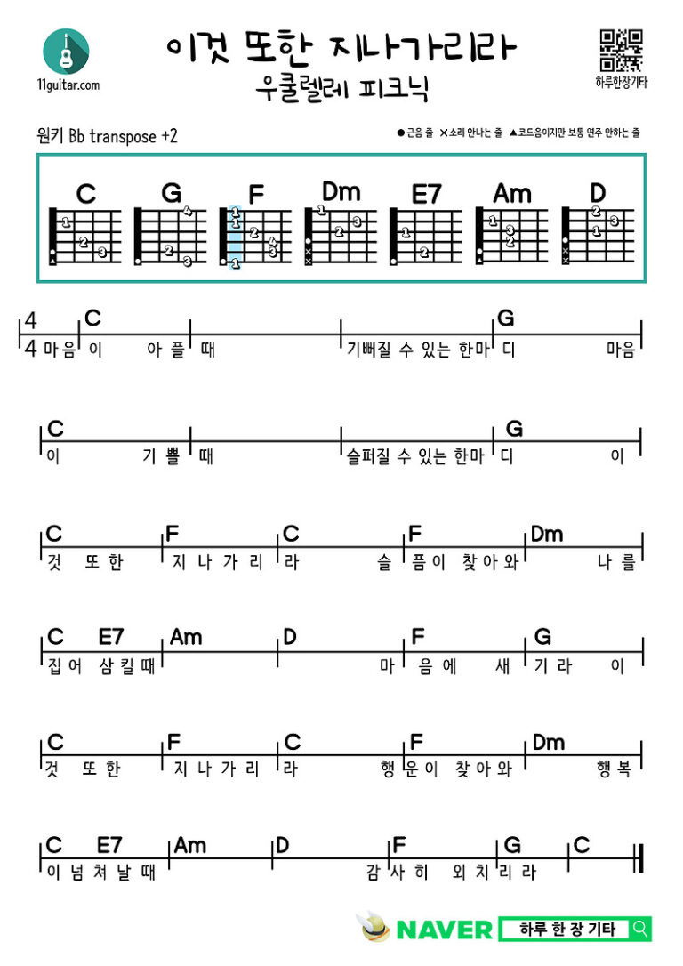 이것 또한 지나가리라(우쿨렐레 피크닉) 쉬운 기타 코드 악보 This too shall pass (ukulele picnic) Easy guitar chord sheet music
