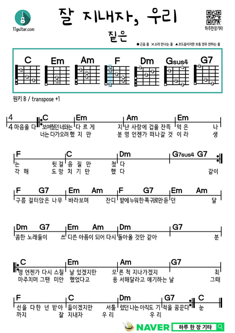 잘 지내자, 우리(짙은) 기타 쉬운 코드 악보 Let’s Take Care(Zitten) Guitar Easy Chord Sheet Music