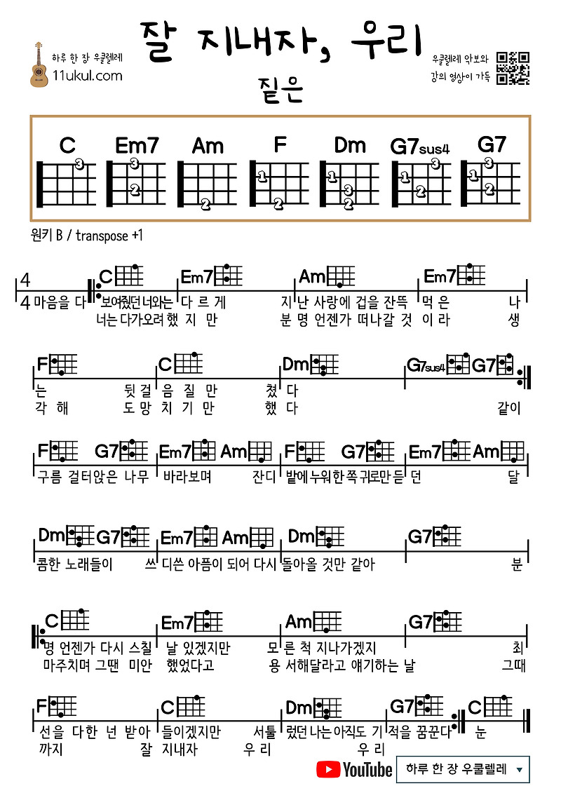 잘 지내자, 우리(짙은) 우쿨렐레 쉬운 코드 악보 Let’s Take Care(Zitten) Ukulele Easy Chord Sheet Music