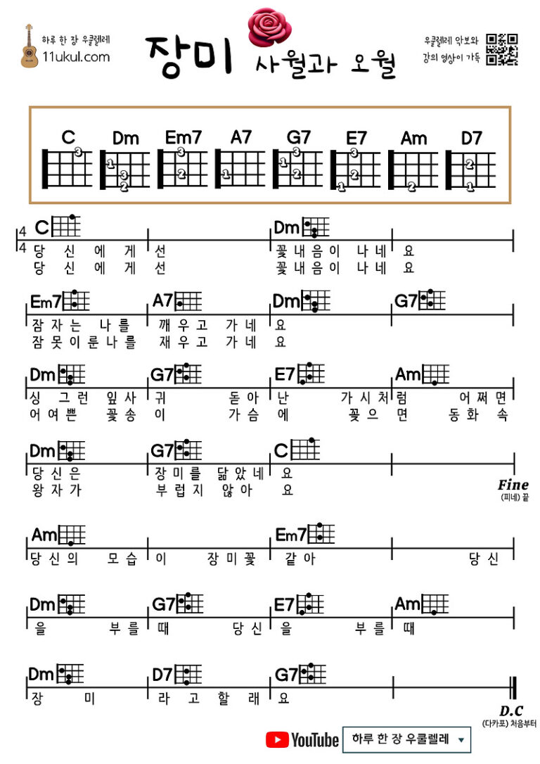 장미(사월과 오월) 우쿨렐레 쉬운 코드 악보 Rose (April and May) Ukulele Easy Chord Sheet Music