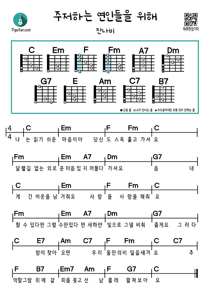 주저하는 연인들을 위해(잔나비) 기타 쉬운 코드 악보