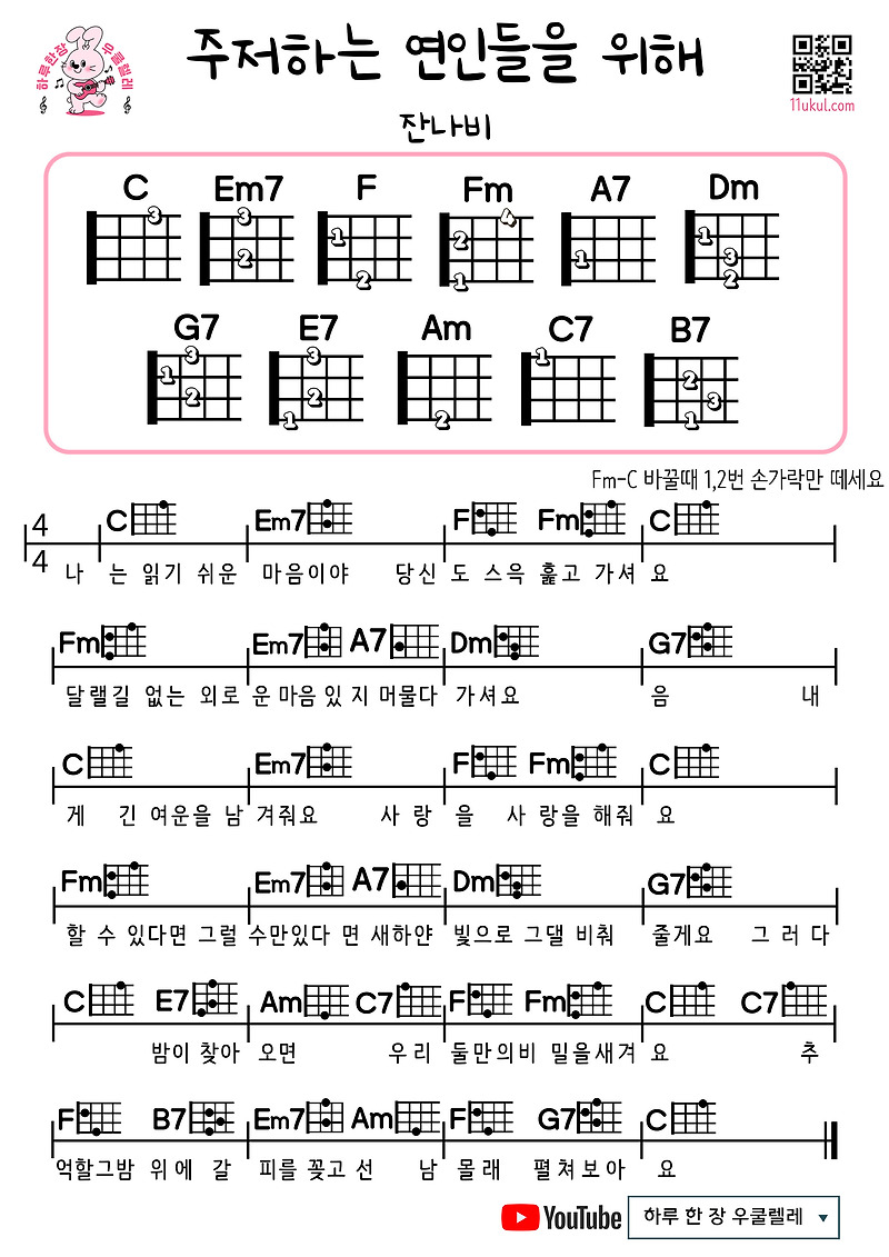 주저하는 연인들을 위해(잔나비) 우쿨렐레 쉬운 코드 악보 (연주 영상)