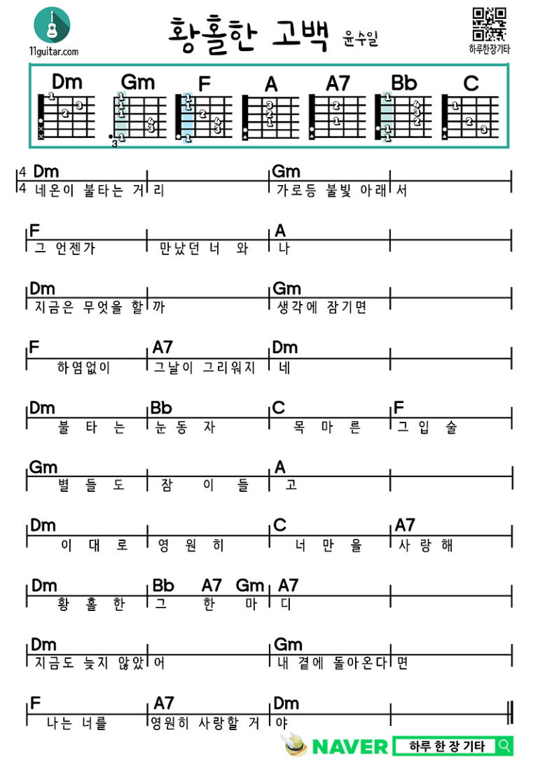 황홀한 고백(윤수일) 기타 쉬운 코드 악보 Ecstatic Confession (Yoon Soo-il) Guitar Easy Chord Sheet Music