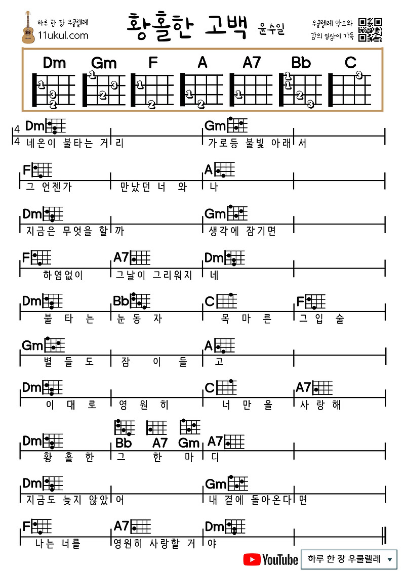 황홀한 고백(윤수일) 우쿨렐레 쉬운 코드 악보 Ecstatic Confession (Yoon Soo-il) Ukulele Easy Chord Sheet Music
