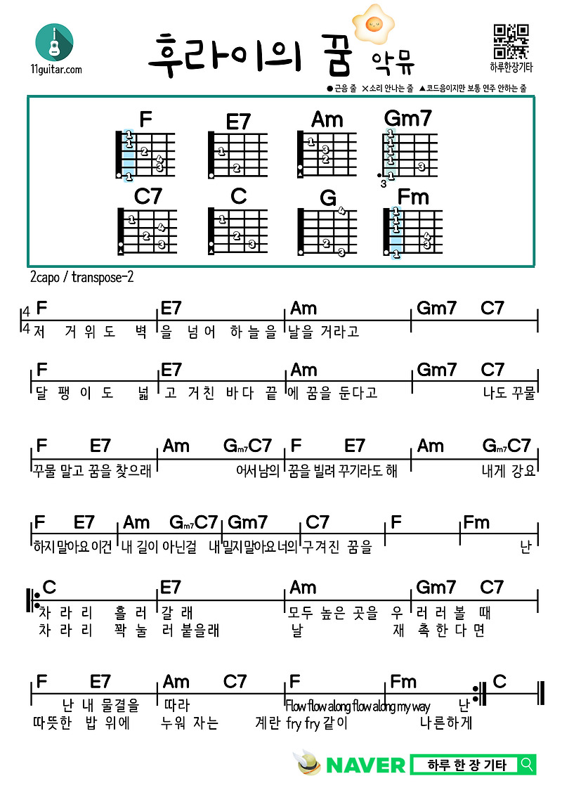 후라이의 꿈(악동뮤지션) 기타 쉬운 코드 악보 Fry’s Dream(AKMU) Guitar Easy Chord Sheet Music