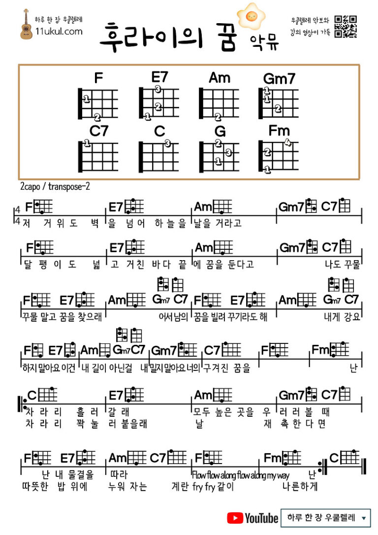 후라이의 꿈(악동뮤지션) 우쿨렐레 쉬운 코드 악보 Fry’s Dream(AKMU) Ukulele Easy Chord Sheet Music