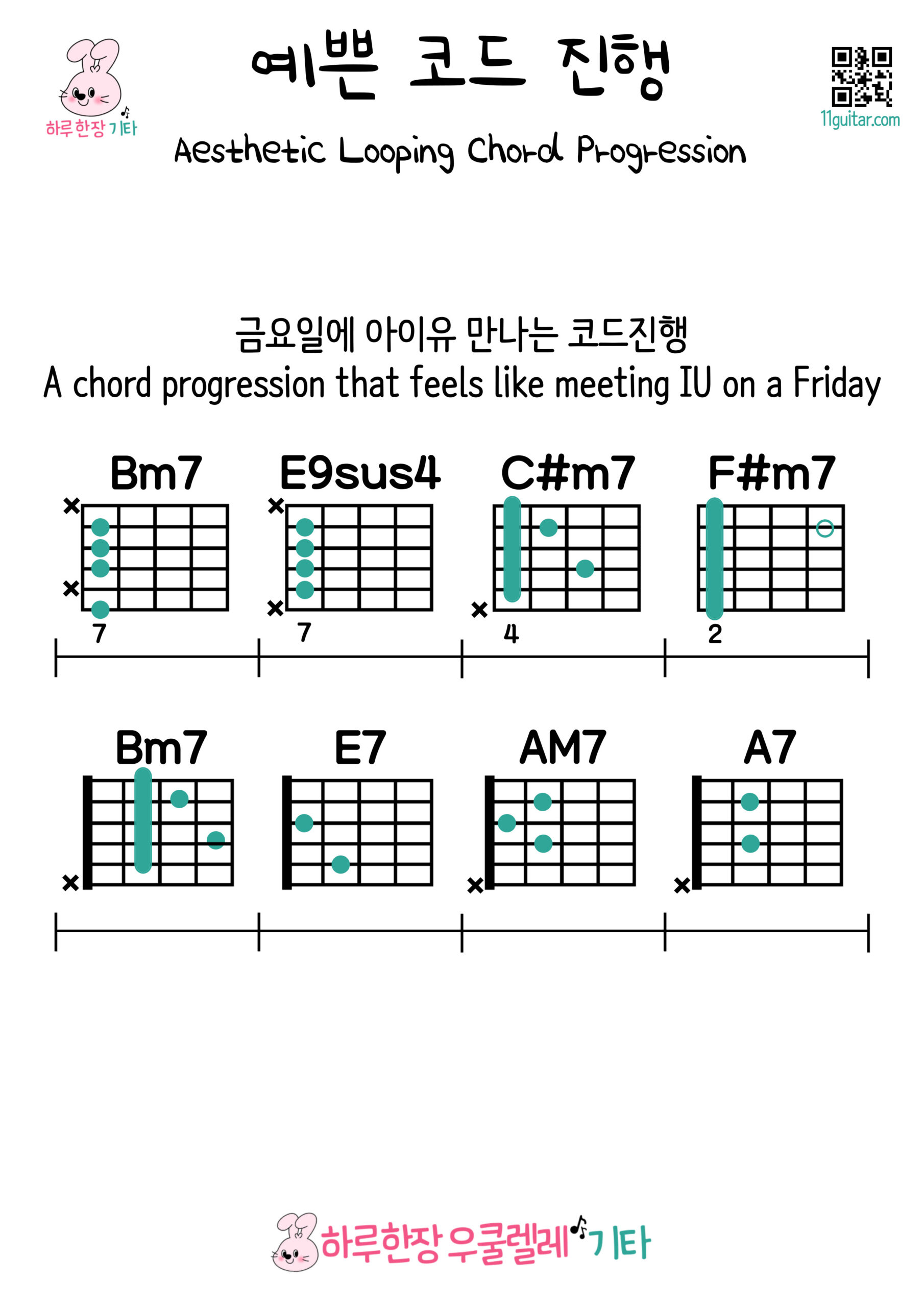 Bm7-E9sus4-C#m7-F#m7-Bm7-E7-AM7-A7(금요일에 아이유 만나는 코드진행)
