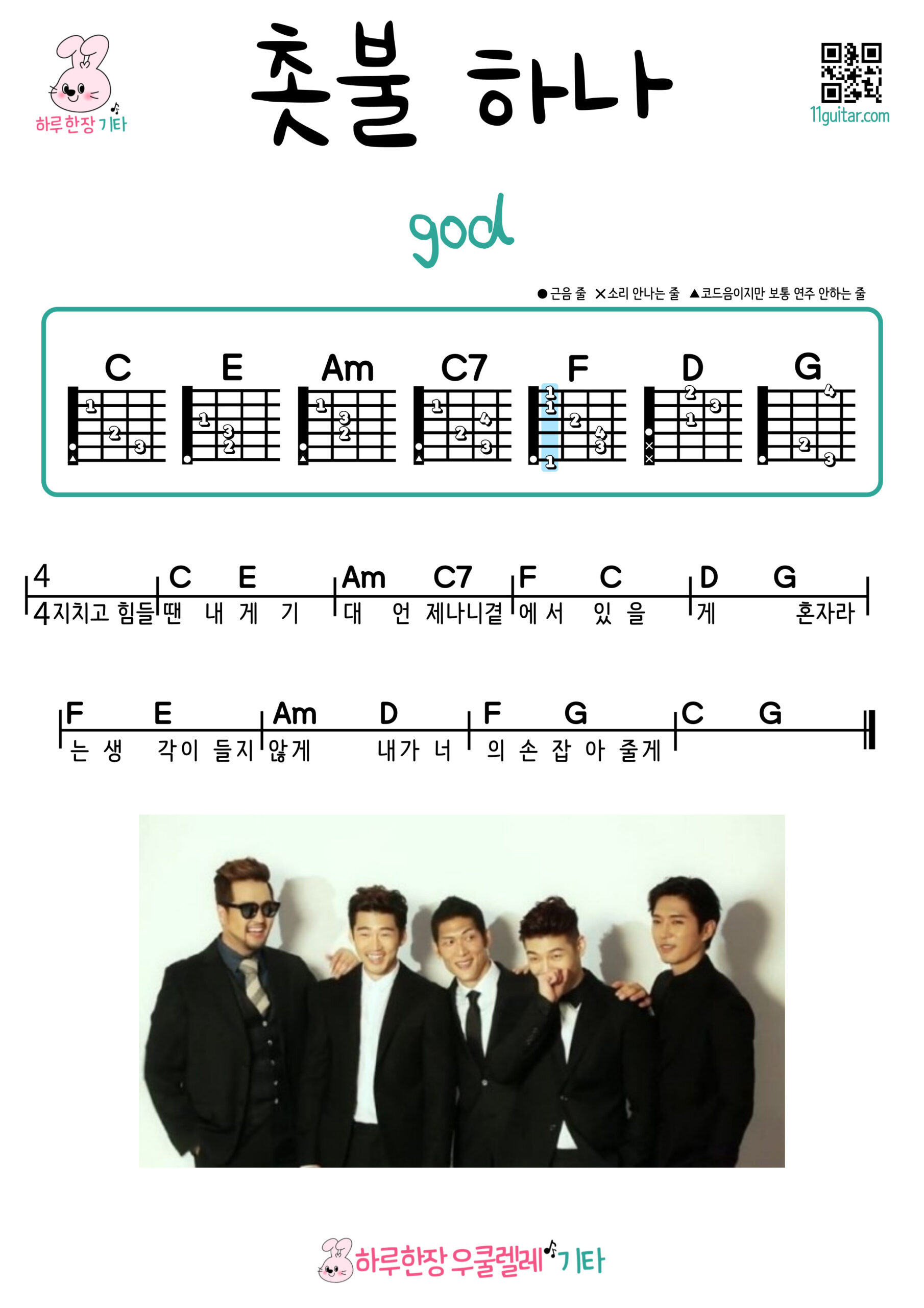 촛불 하나(god) One Candle(지오디) 기타 코드 악보 초보 쉬운곡 Easy guitar Chords for Beginners – Free Sheet Music