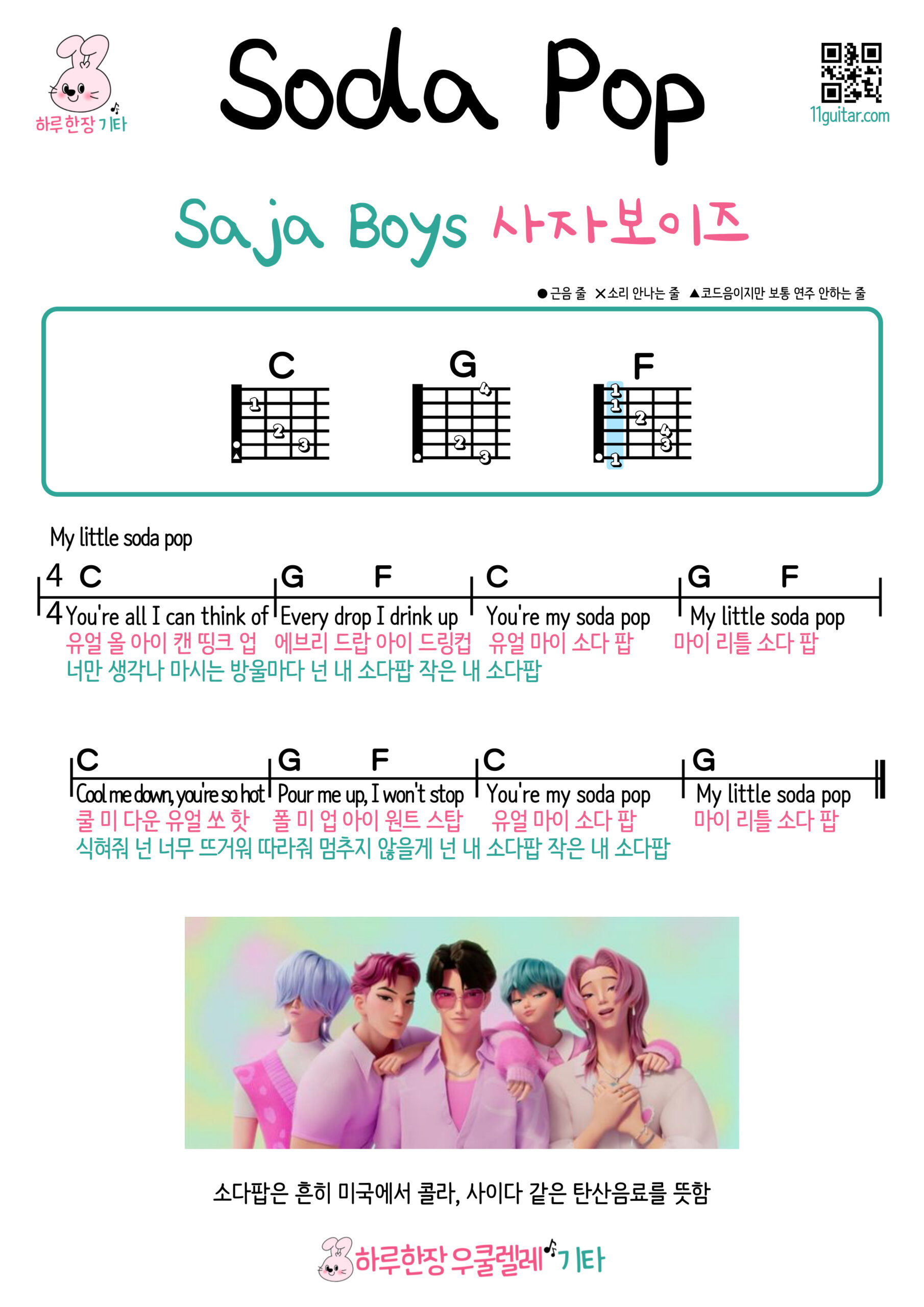 Soda Pop(Saja Boys) 소다팝(사자보이즈) Easy Guitar Songs for Beginners – Free Chord Sheet Download 기타 쉬운곡 초보 코드 악보 무료 다운로드