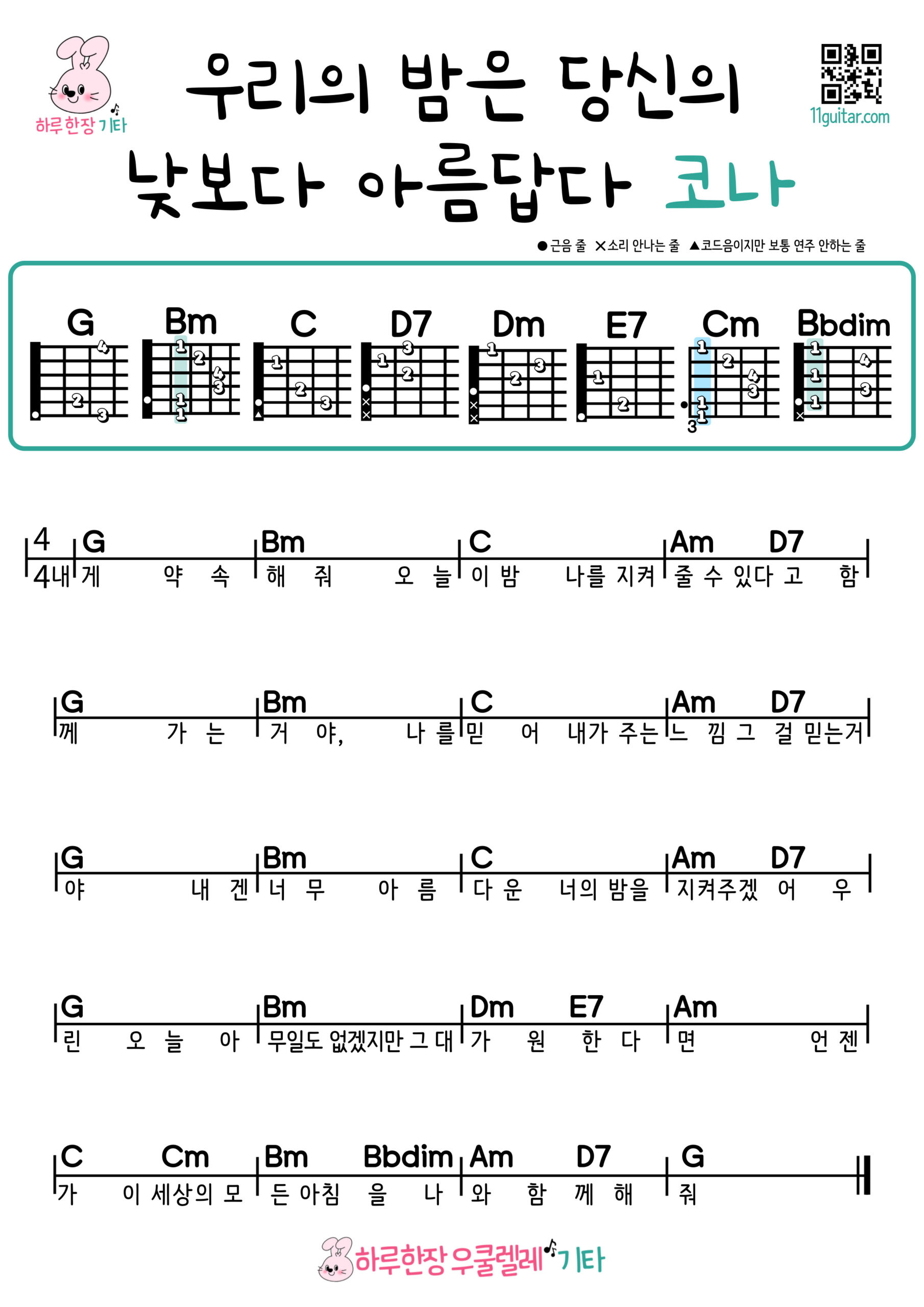 우리의 밤은 당신의 낮보다 아름답다(코나) 기타 쉬운곡 초보 코드 악보 Our Night Is More Beautiful Than Your Day – Kona | Easy Guitar Chords & Sheet Music for Beginners